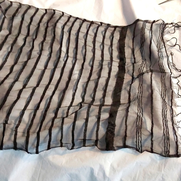 Womens Scarf EXTRA Long & Wide Black SHEER W/ Vertical Stripes FRINGE on Ends - Picture 6 of 6